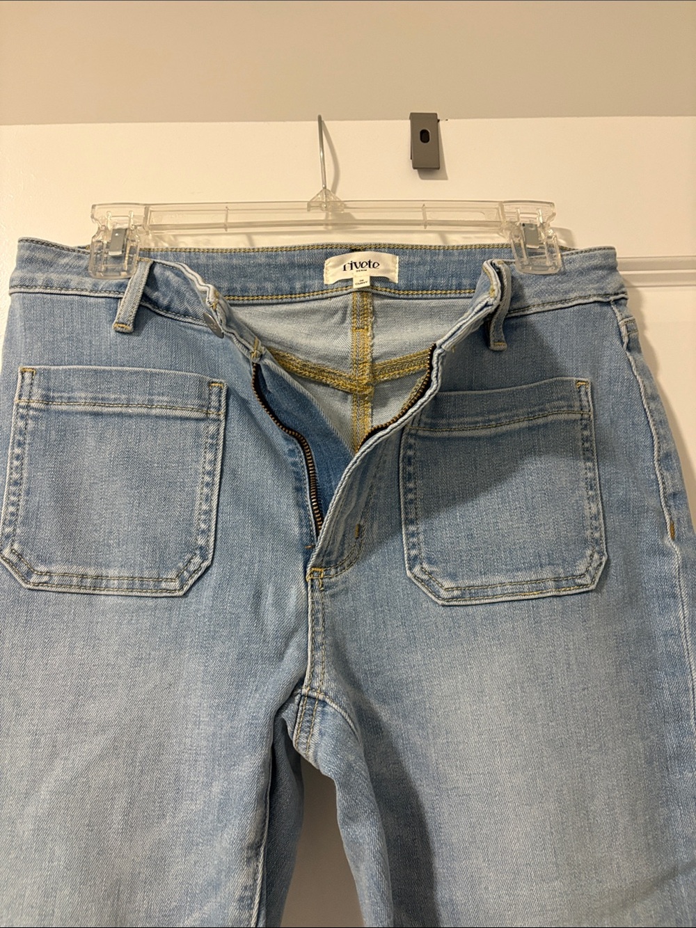 Pilcro Light Wash Flare Jeans with Front Patch Pockets